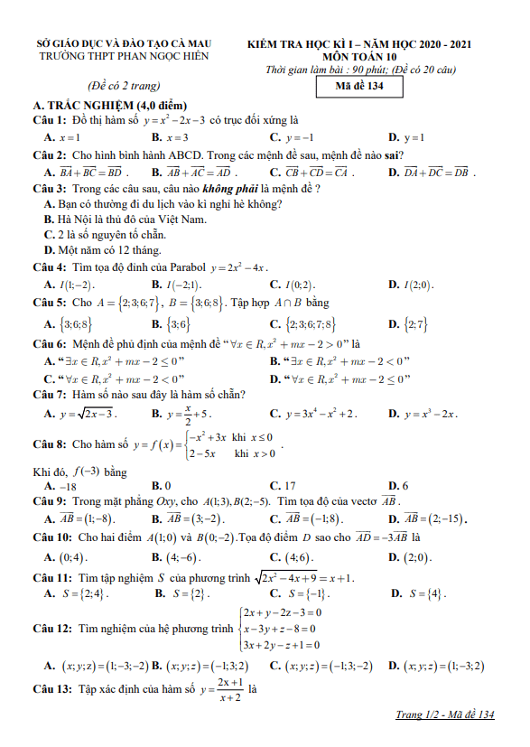 Đề thi HK1 Toán 10 năm 2020 – 2021 trường THPT Phan Ngọc Hiển – Cà Mau
