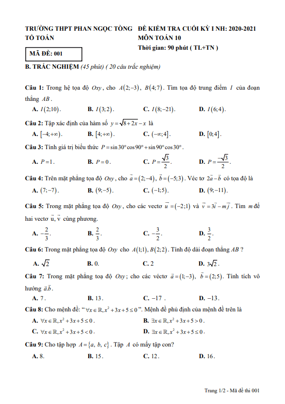 Đề thi HK1 Toán 10 năm 2020 – 2021 trường THPT Phan Ngọc Tòng – Bến Tre