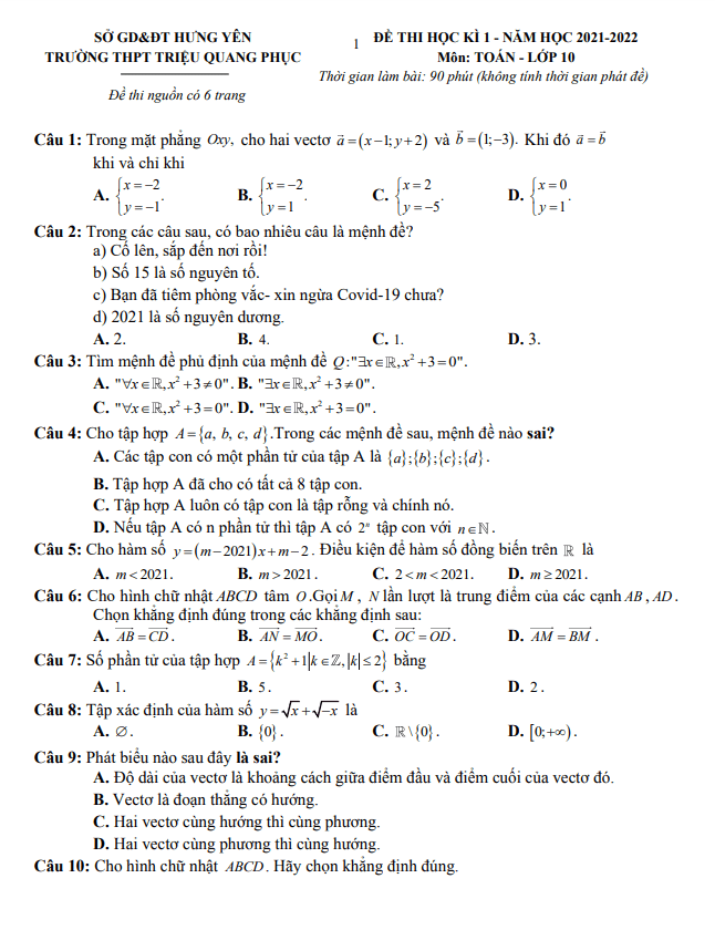Đề thi HK1 Toán 10 năm 2021 – 2022 trường THPT Triệu Quang Phục – Hưng Yên