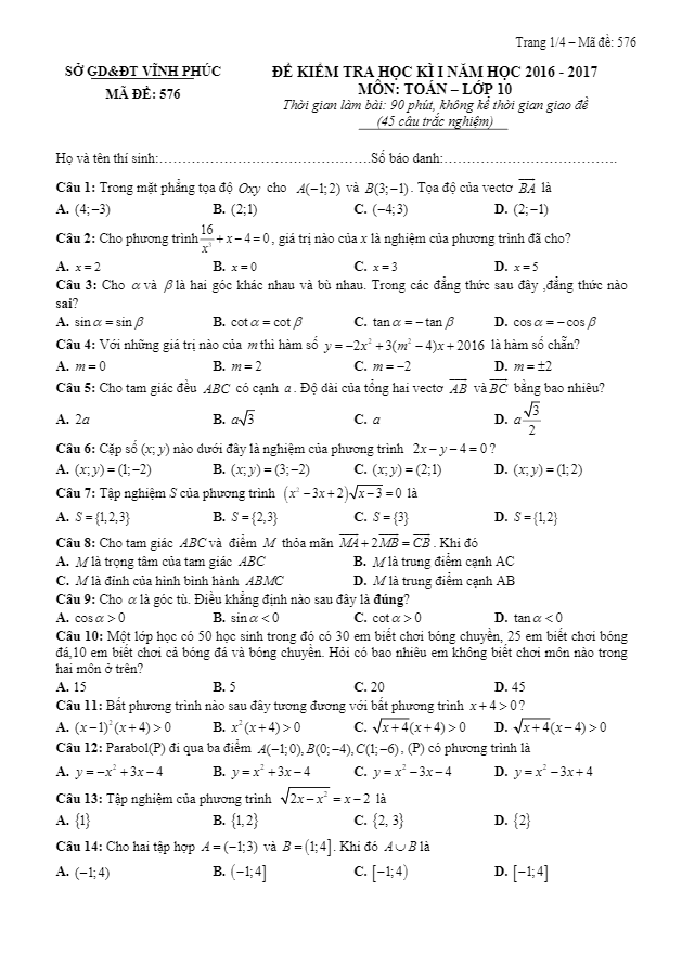 Đề thi HK1 Toán 10 năm học 2016 – 2017 sở GD và ĐT Vĩnh Phúc