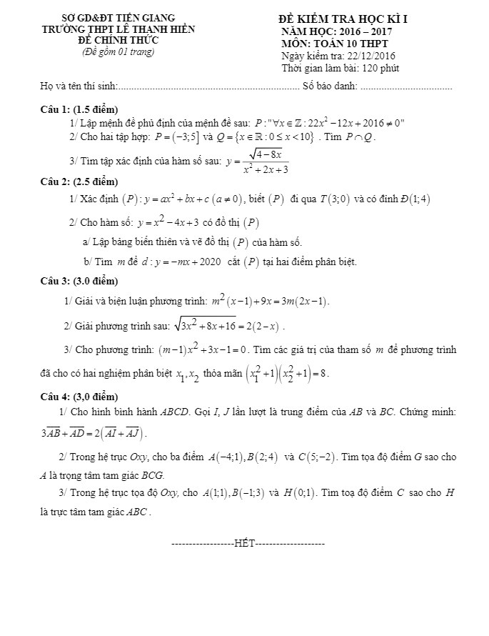 Đề thi HK1 Toán 10 năm học 2016 – 2017 trường THPT Lê Thanh Hiền – Tiền Giang