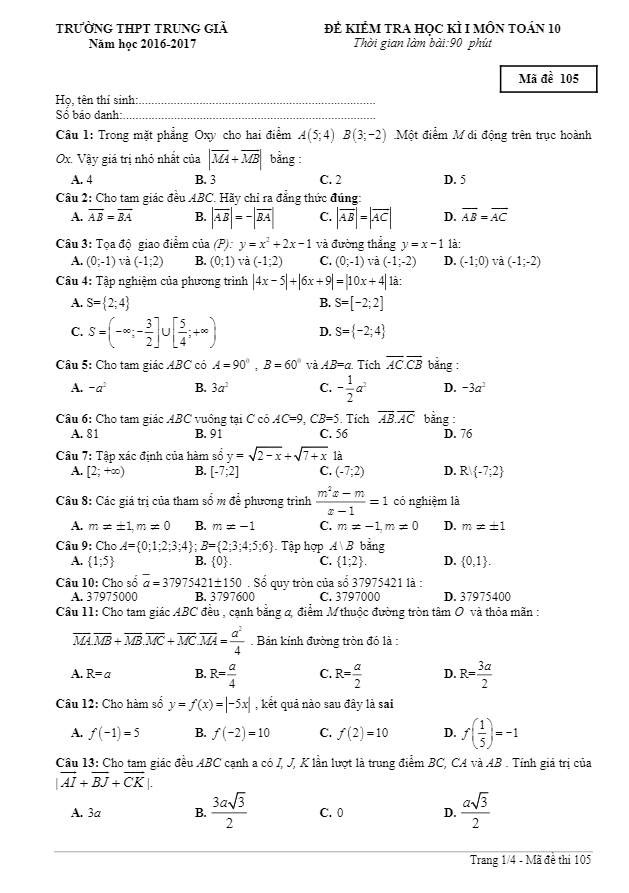 Đề thi HK1 Toán 10 năm học 2016 – 2017 trường THPT Trung Giã – Hà Nội