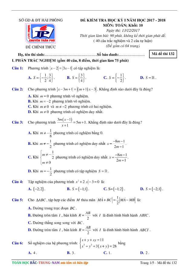 Đề thi HK1 Toán 10 năm học 2017 – 2018 trường THPT chuyên Trần Phú – Hải Phòng