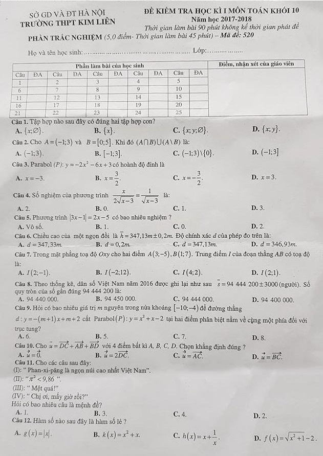 Đề thi HK1 Toán 10 năm học 2017 – 2018 trường THPT Kim Liên – Hà Nội