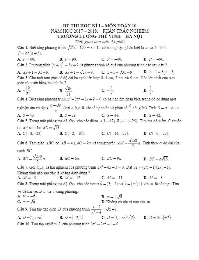 Đề thi HK1 Toán 10 năm học 2017 – 2018 trường THPT Lương Thế Vinh – Hà Nội
