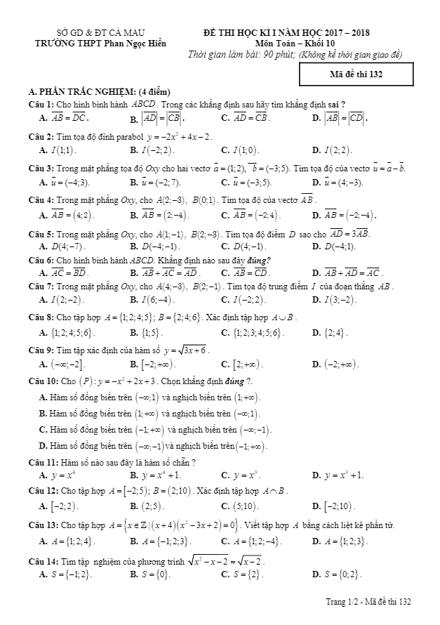 Đề thi HK1 Toán 10 năm học 2017 – 2018 trường THPT Phan Ngọc Hiển – Cà Mau