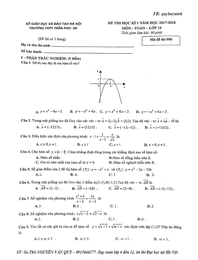 Đề thi HK1 Toán 10 năm học 2017 – 2018 trường THPT Trần Phú – Hà Nội