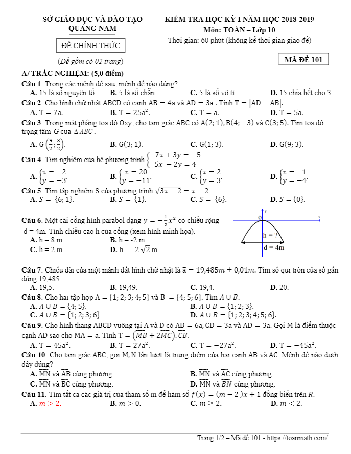 Đề thi HK1 Toán 10 năm học 2018 – 2019 sở GD và ĐT Quảng Nam