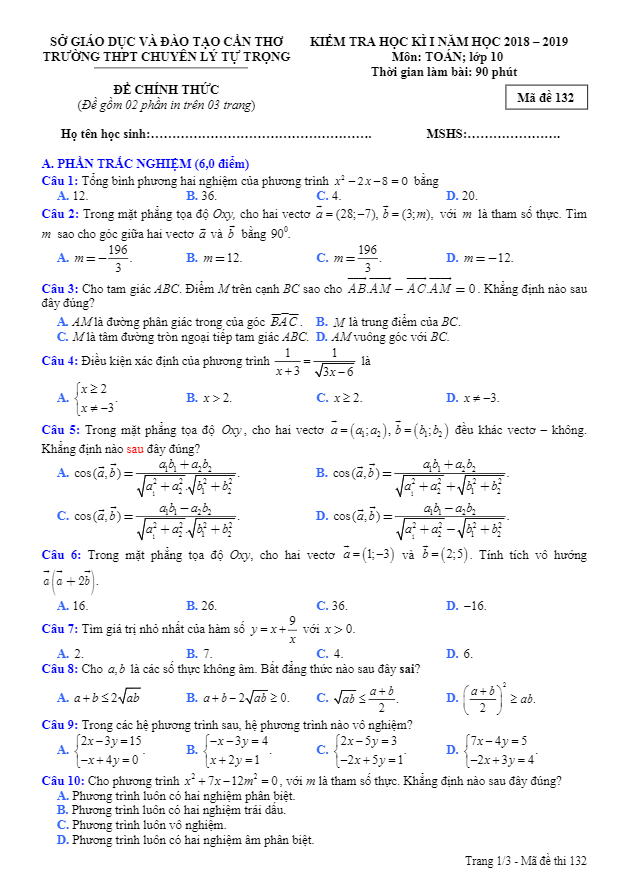 Đề thi HK1 Toán 10 năm học 2018 – 2019 trường THPT chuyên Lý Tự Trọng – Cần Thơ