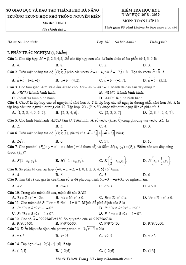 Đề thi HK1 Toán 10 năm học 2018 – 2019 trường THPT Nguyễn Hiền – Đà Nẵng