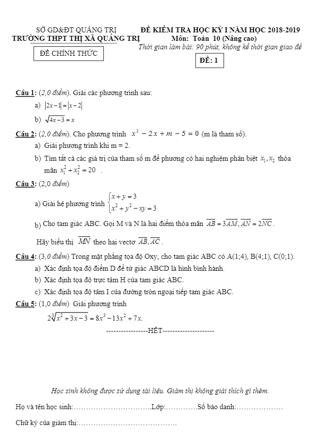 Đề thi HK1 Toán 10 năm học 2018 – 2019 trường THPT Thị Xã Quảng Trị