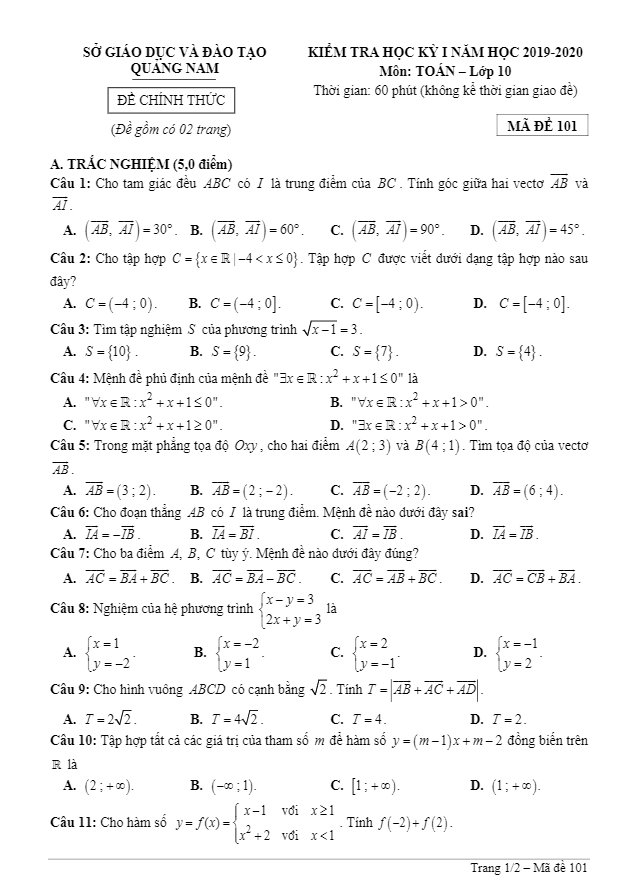 Đề thi HK1 Toán 10 năm học 2019 – 2020 sở GD&ĐT Quảng Nam