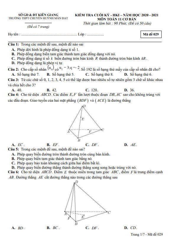 Đề thi HK1 Toán 11 cơ bản năm 2020 – 2021 trường chuyên Huỳnh Mẫn Đạt – Kiên Giang