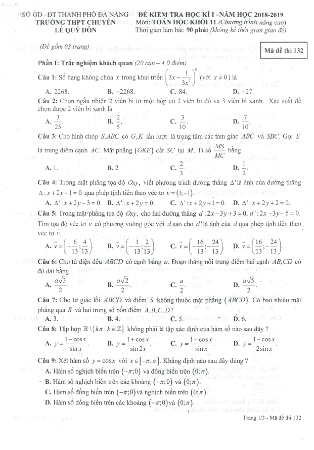 Đề thi HK1 Toán 11 năm 2018 – 2019 trường chuyên Lê Quý Đôn – Đà Nẵng