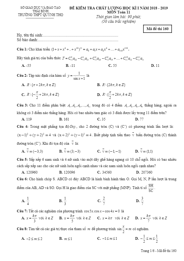Đề thi HK1 Toán 11 năm 2018 – 2019 trường THPT Quỳnh Thọ – Thái Bình