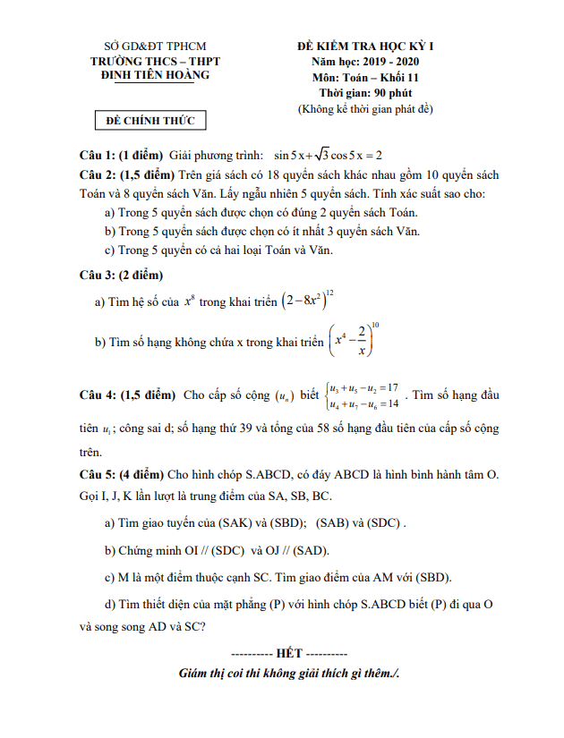 Đề thi HK1 Toán 11 năm 2019 – 2020 trường Đinh Tiên Hoàng – TP HCM