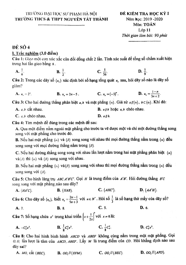 Đề thi HK1 Toán 11 năm 2019 – 2020 trường Nguyễn Tất Thành – Hà Nội