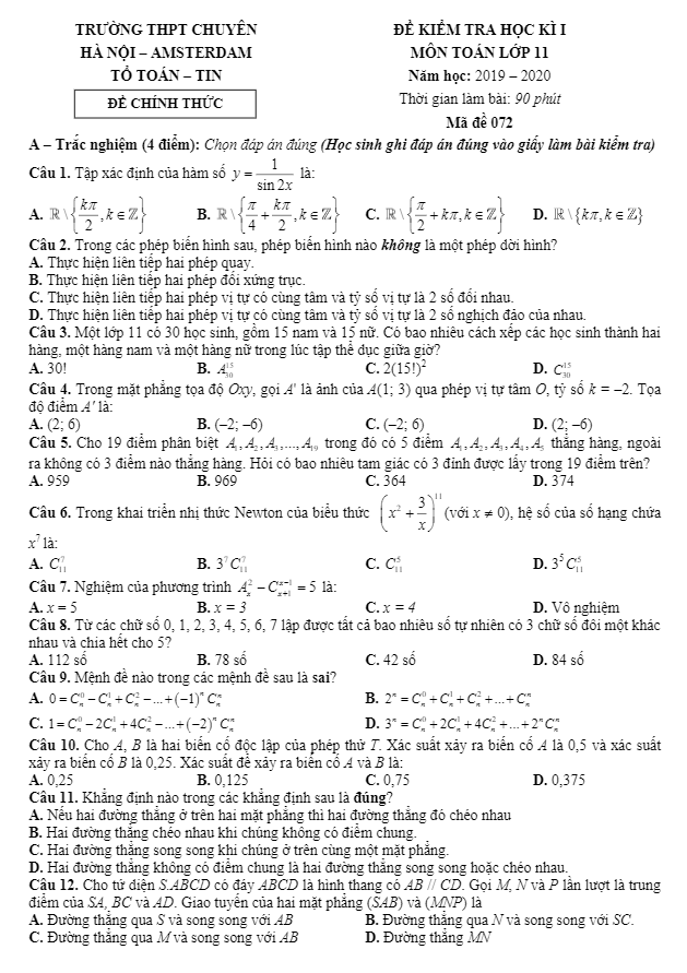 Đề thi HK1 Toán 11 năm 2019 – 2020 trường THPT chuyên Hà Nội – Amsterdam