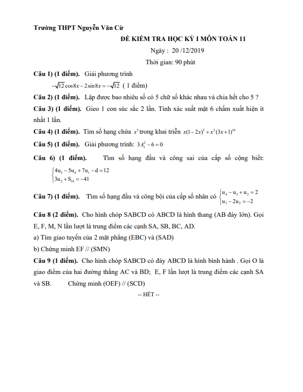 Đề thi HK1 Toán 11 năm 2019 – 2020 trường THPT Nguyễn Văn Cừ – TP HCM