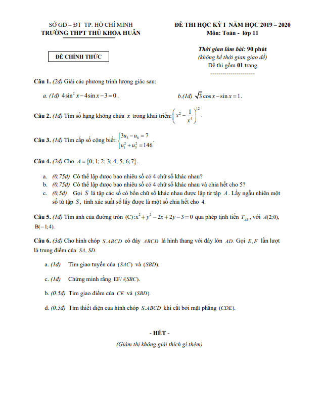 Đề thi HK1 Toán 11 năm 2019 – 2020 trường THPT Thủ Khoa Huân – TP HCM