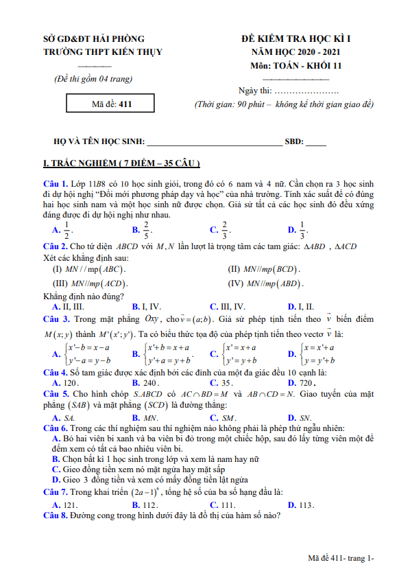 Đề thi HK1 Toán 11 năm 2020 – 2021 trường THPT Kiến Thụy – Hải Phòng