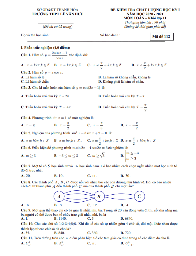 Đề thi HK1 Toán 11 năm 2020 – 2021 trường THPT Lê Văn Hưu – Thanh Hóa
