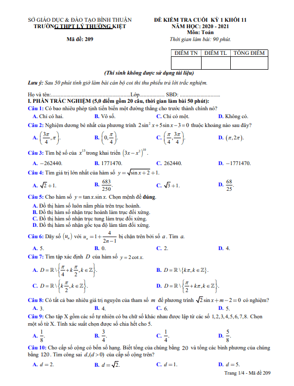 Đề thi HK1 Toán 11 năm 2020 – 2021 trường THPT Lý Thường Kiệt – Bình Thuận