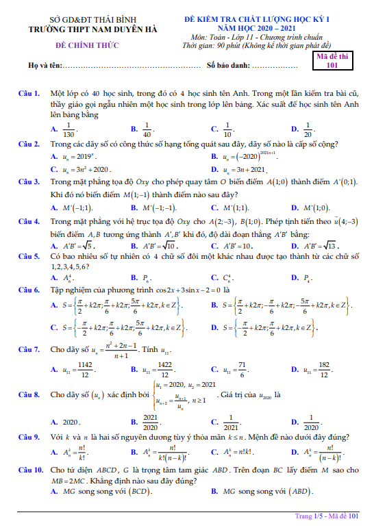 Đề thi HK1 Toán 11 năm 2020 – 2021 trường THPT Nam Duyên Hà – Thái Bình