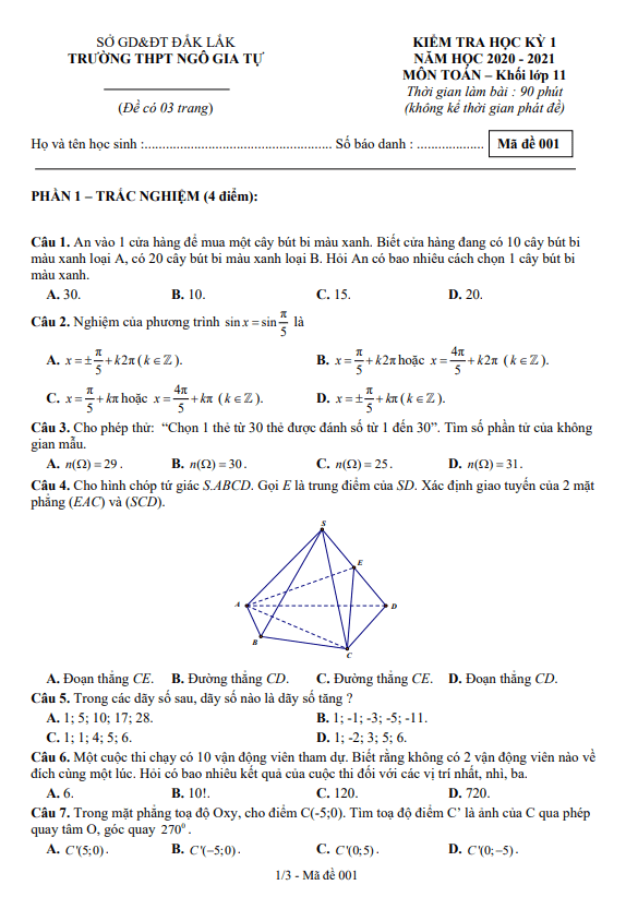Đề thi HK1 Toán 11 năm 2020 – 2021 trường THPT Ngô Gia Tự – Đắk Lắk