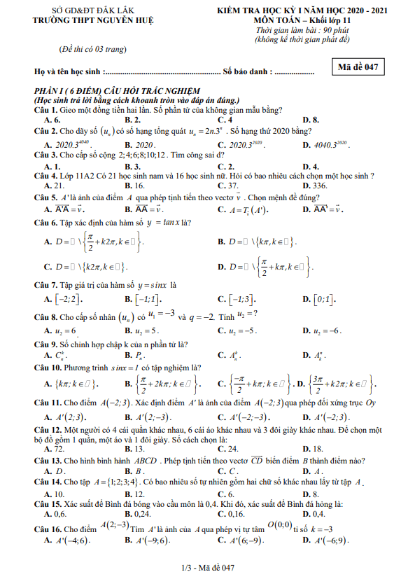 Đề thi HK1 Toán 11 năm 2020 – 2021 trường THPT Nguyễn Huệ – Đắk Lắk