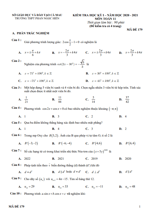 Đề thi HK1 Toán 11 năm 2020 – 2021 trường THPT Phan Ngọc Hiển – Cà Mau