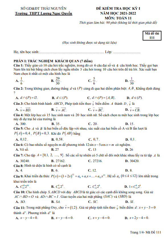 Đề thi HK1 Toán 11 năm 2021 – 2022 trường THPT Lương Ngọc Quyến – Thái Nguyên