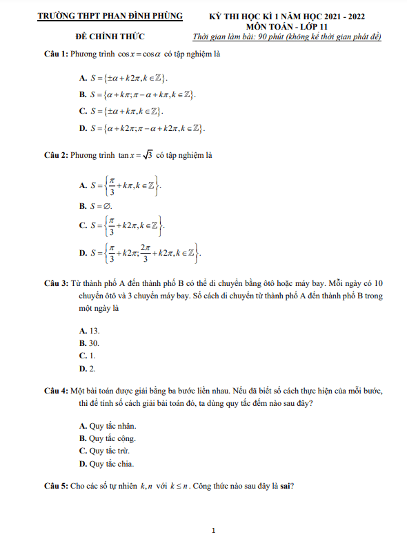 Đề thi HK1 Toán 11 năm 2021 – 2022 trường THPT Phan Đình Phùng – Hà Nội