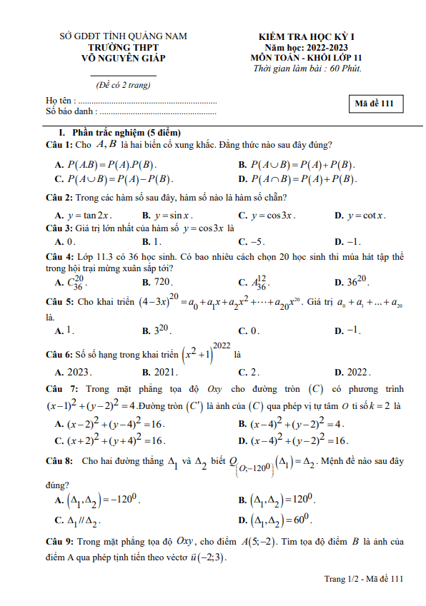 Đề thi HK1 Toán 11 năm 2022 – 2023 trường THPT Võ Nguyên Giáp – Quảng Nam