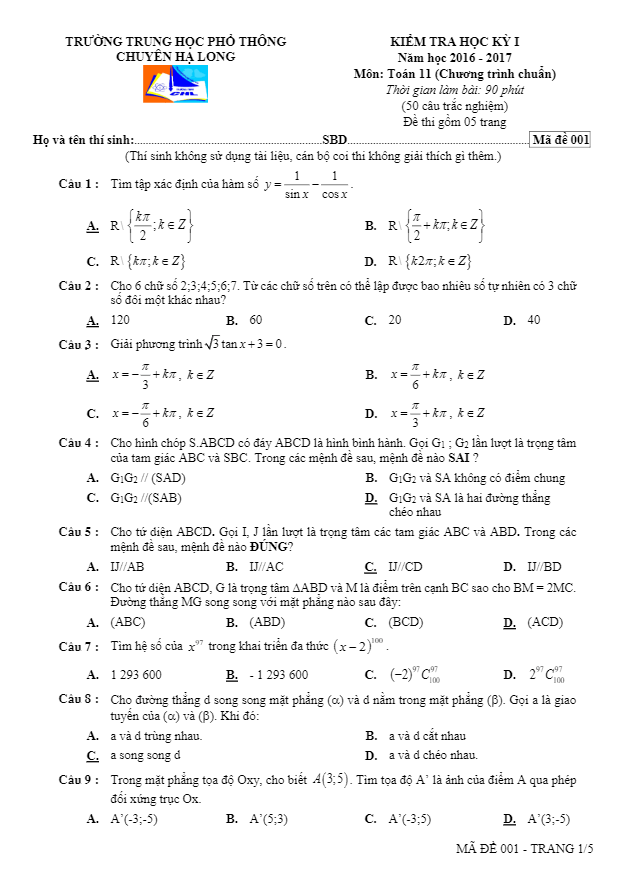 Đề thi HK1 Toán 11 năm học 2016 – 2017 trường chuyên Hạ Long – Quảng Ninh