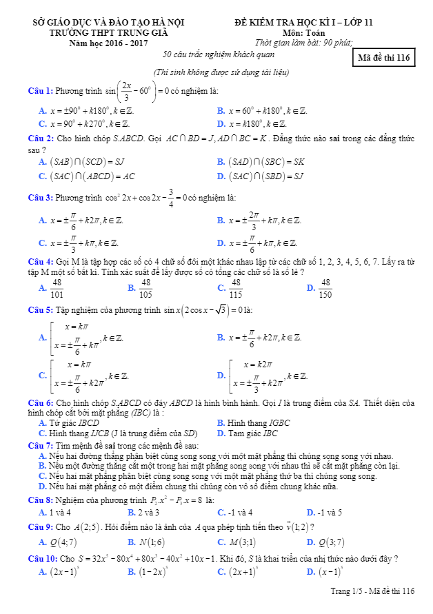 Đề thi HK1 Toán 11 năm học 2016 – 2017 trường THPT Trung Giã – Hà Nội
