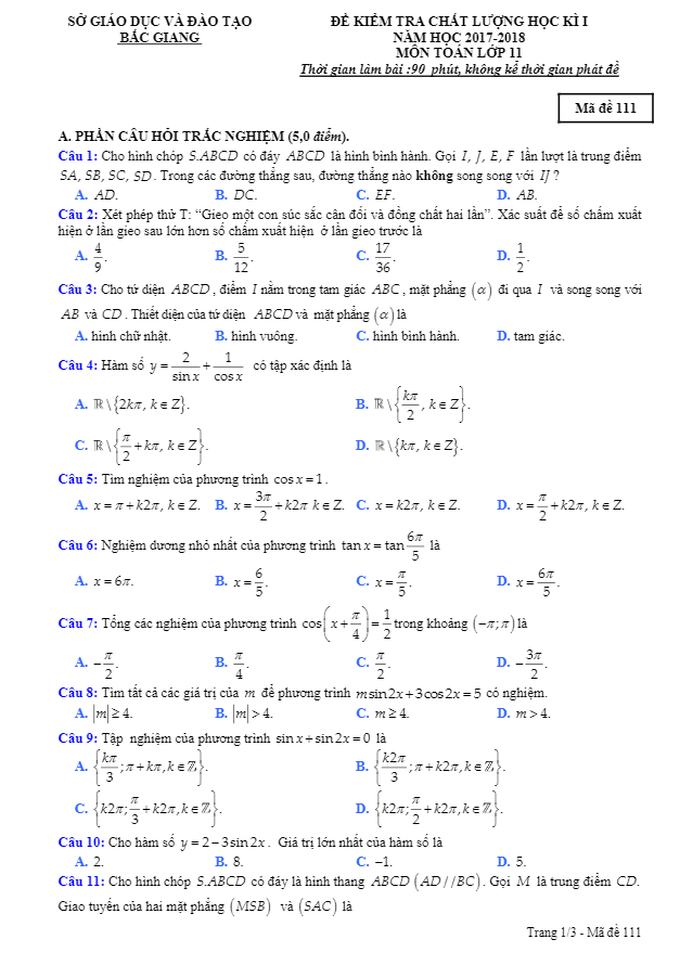 Đề thi HK1 Toán 11 năm học 2017 – 2018 sở GD và ĐT Bắc Giang