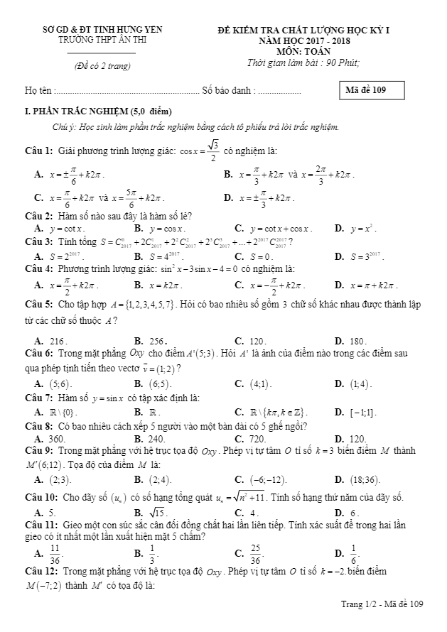 Đề thi HK1 Toán 11 năm học 2017 – 2018 trường THPT Ân Thi – Hưng Yên
