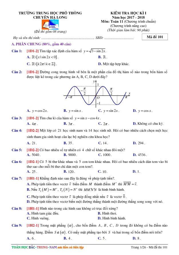 Đề thi HK1 Toán 11 năm học 2017 – 2018 trường THPT chuyên Hạ Long – Quảng Ninh