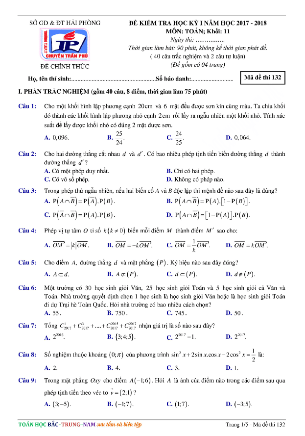 Đề thi HK1 Toán 11 năm học 2017 – 2018 trường THPT chuyên Trần Phú – Hải Phòng