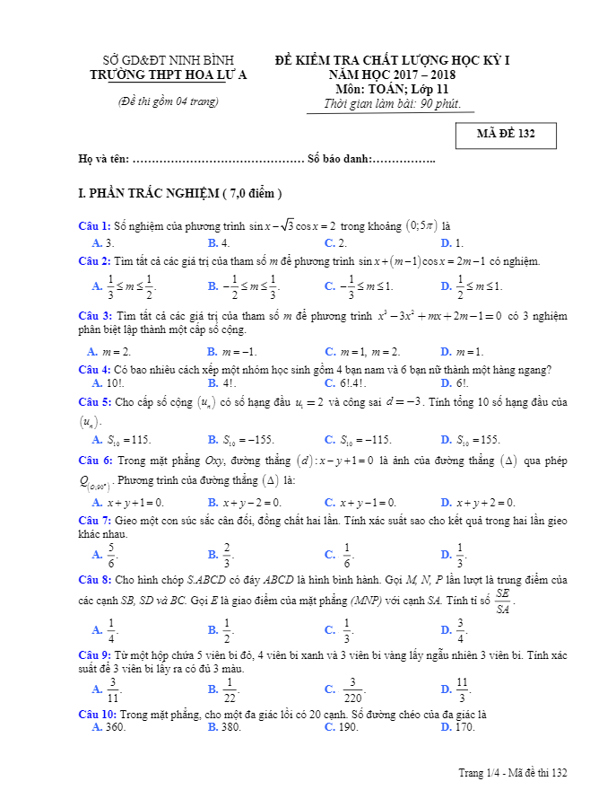 Đề thi HK1 Toán 11 năm học 2017 – 2018 trường THPT Hoa Lư A – Ninh Bình