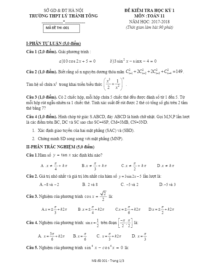 Đề thi HK1 Toán 11 năm học 2017 – 2018 trường THPT Lý Thánh Tông – Hà Nội
