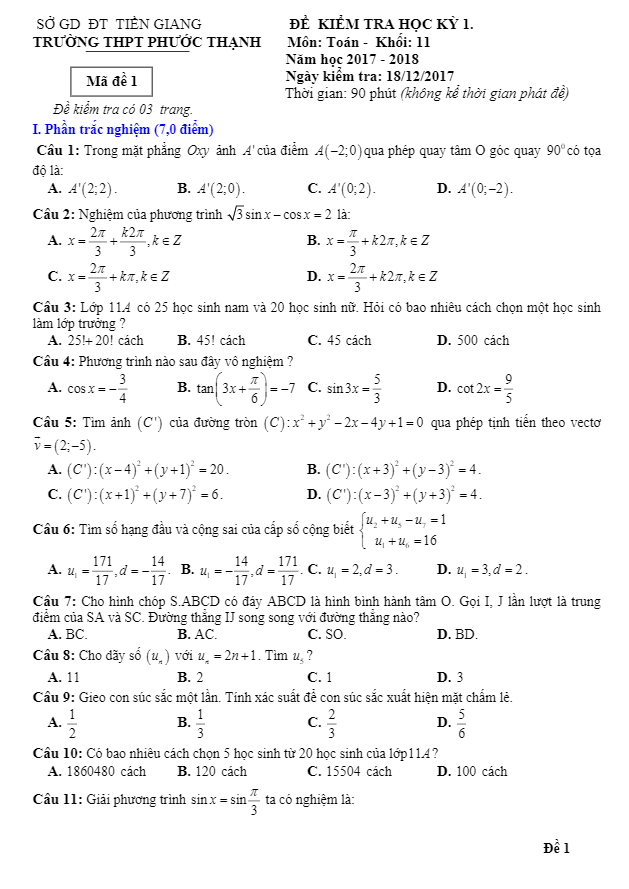 Đề thi HK1 Toán 11 năm học 2017 – 2018 trường THPT Phước Thạnh – Tiền Giang
