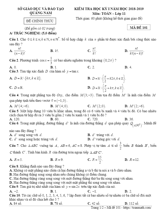 Đề thi HK1 Toán 11 năm học 2018 – 2019 sở GD và ĐT Quảng Nam