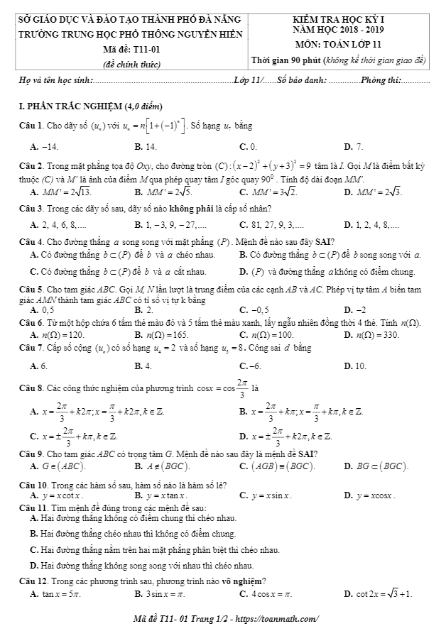 Đề thi HK1 Toán 11 năm học 2018 – 2019 trường THPT Nguyễn Hiền – Đà Nẵng
