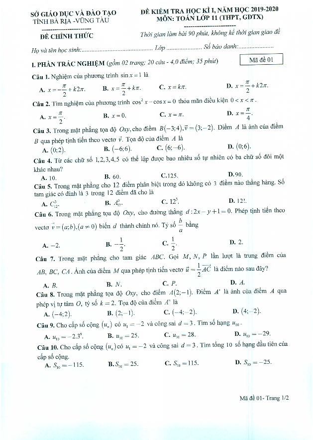 Đề thi HK1 Toán 11 năm học 2019 – 2020 sở GD&ĐT Bà Rịa – Vũng Tàu