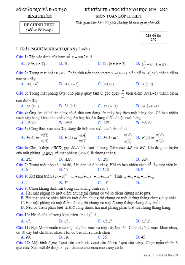 Đề thi HK1 Toán 11 năm học 2019 – 2020 sở GD&ĐT Bình Phước