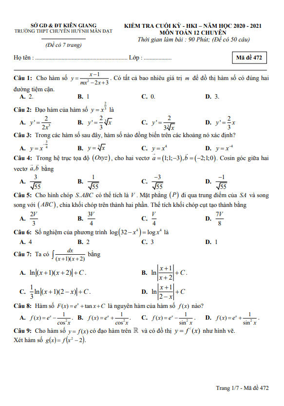 Đề thi HK1 Toán 12 chuyên năm 2020 – 2021 trường chuyên Huỳnh Mẫn Đạt – Kiên Giang