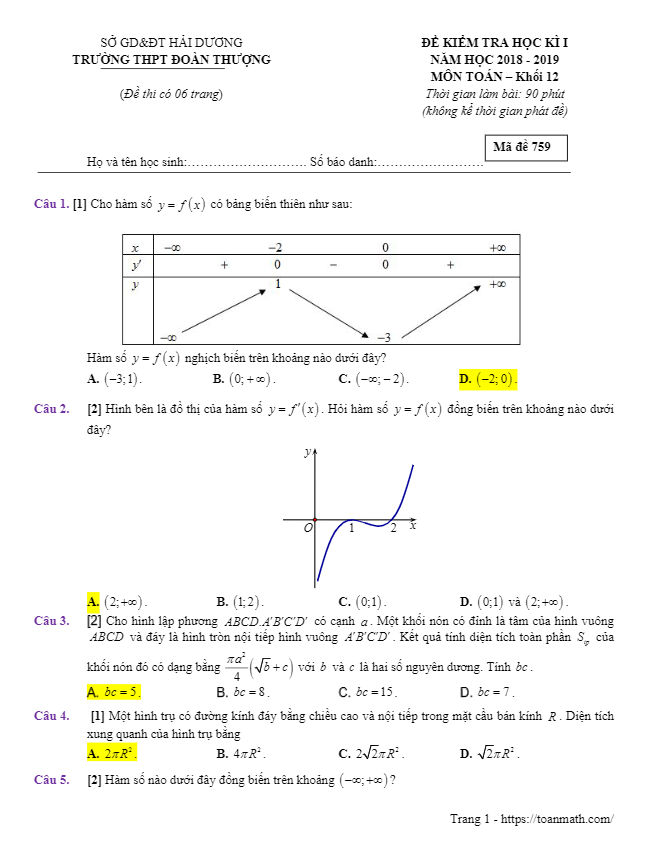 Đề thi HK1 Toán 12 năm 2018 – 2019 trường THPT Đoàn Thượng – Hải Dương