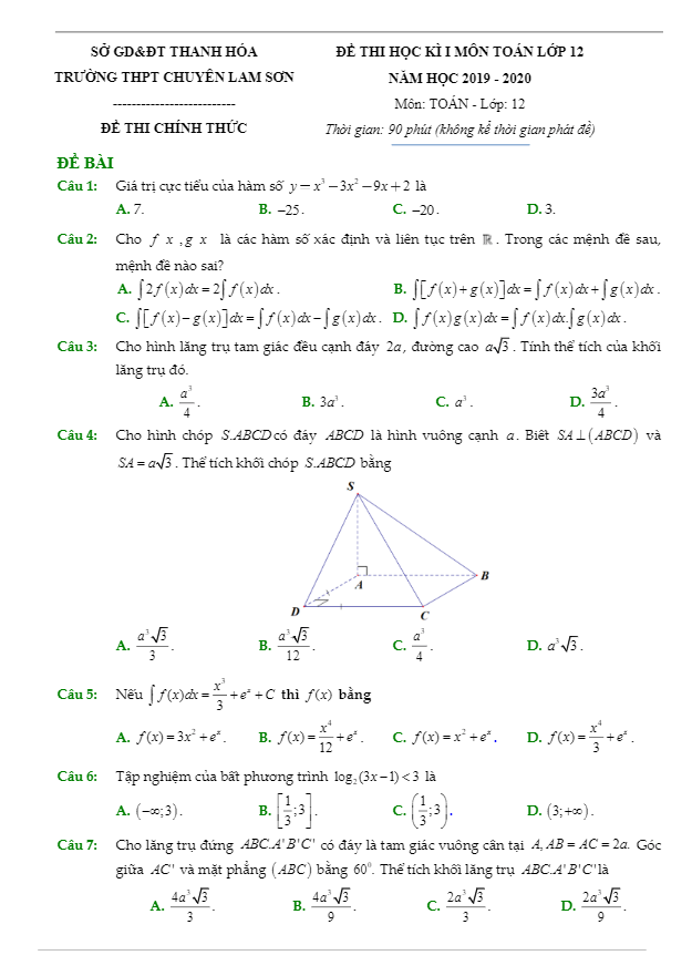 Đề thi HK1 Toán 12 năm 2019 – 2020 trường chuyên Lam Sơn – Thanh Hóa